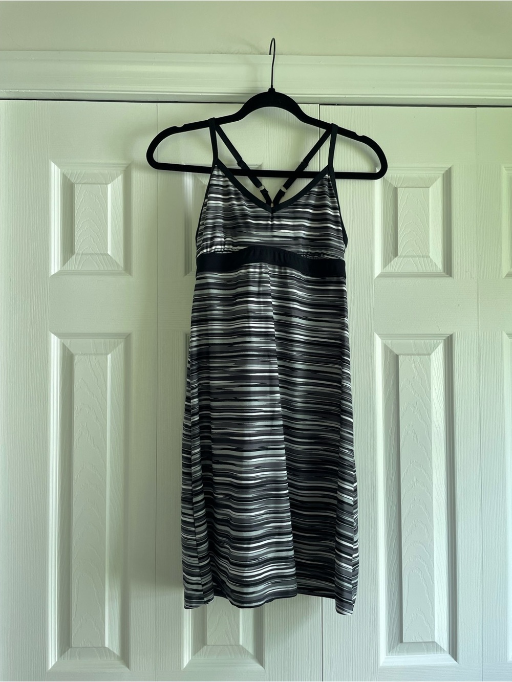 Athleta Black and White Striped Mini Dress with Crisscross Straps
